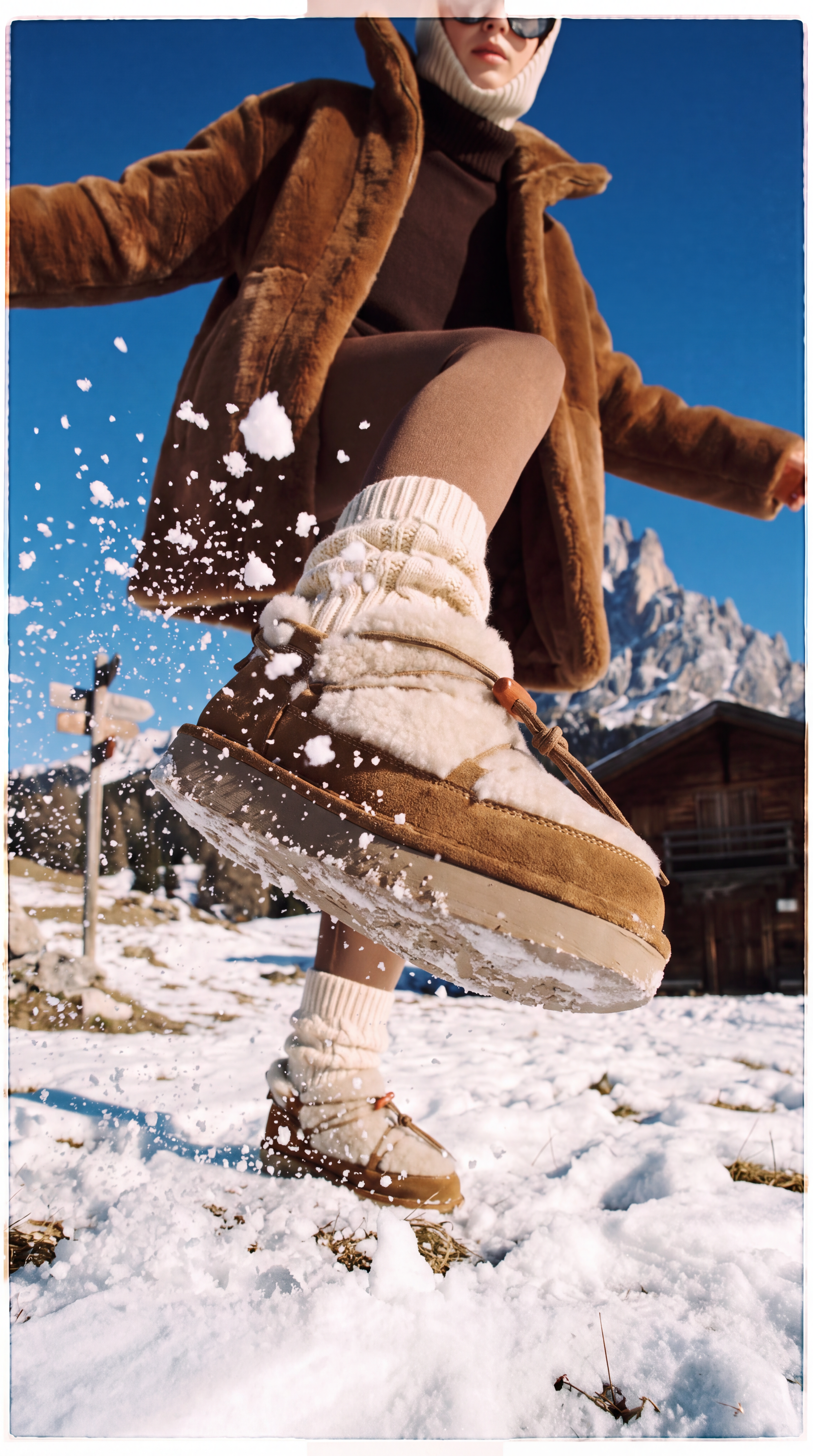 Una modella prende il sole in montagna indossando degli scarponcini in montone di P021.