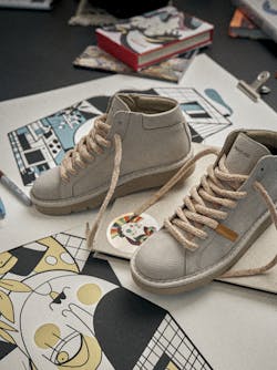 A pair of P007 is set on a stack of colourful prints.