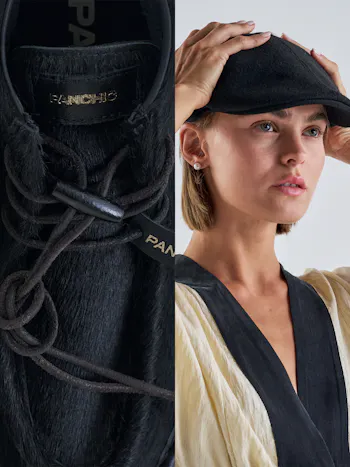 Scatto side-by-side. Da un lato un close up di un modello in cavallino nero, dall'altro il ritratto di una modella.