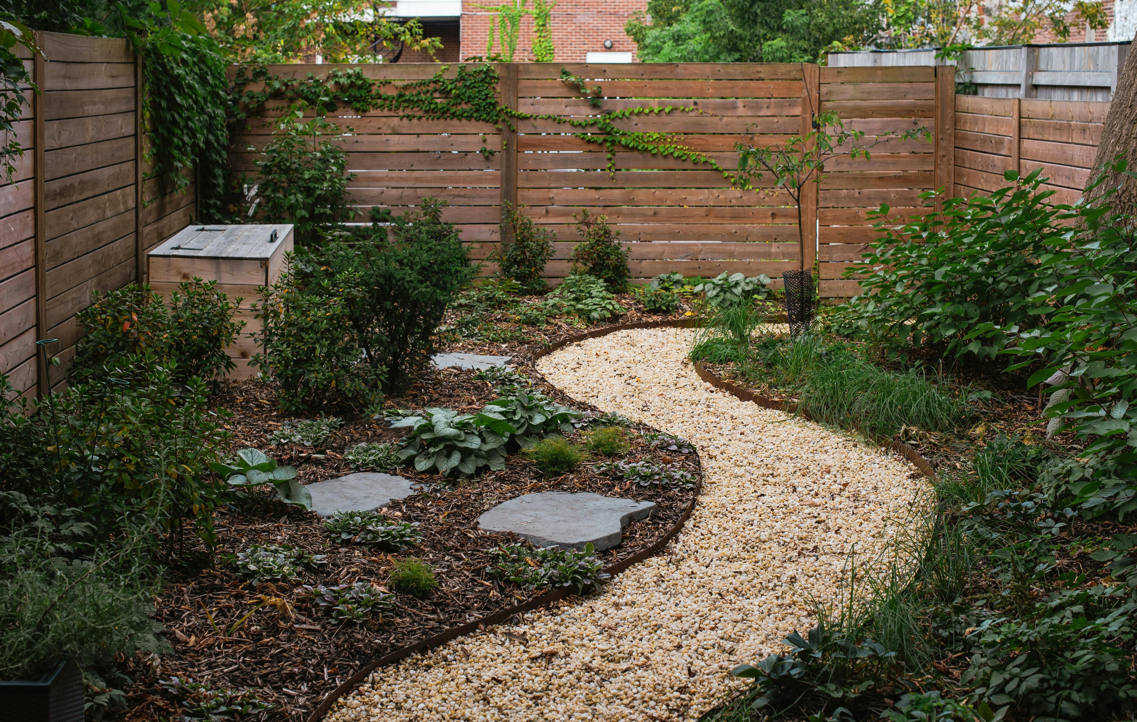 Aménagement de jardin arrière avec sentier sinueux en gravier, clôture en bois et arbustes variés avec pas japonais.