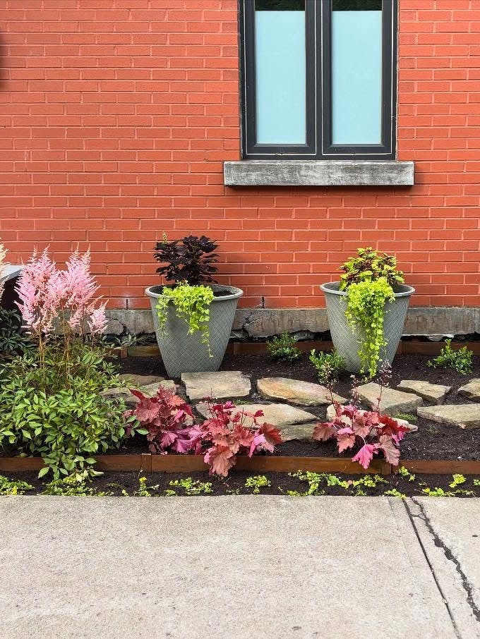 Jardin urbain devant un mur de briques avec bacs modernes, plantes retombantes, astilbes roses et feuillages colorés.