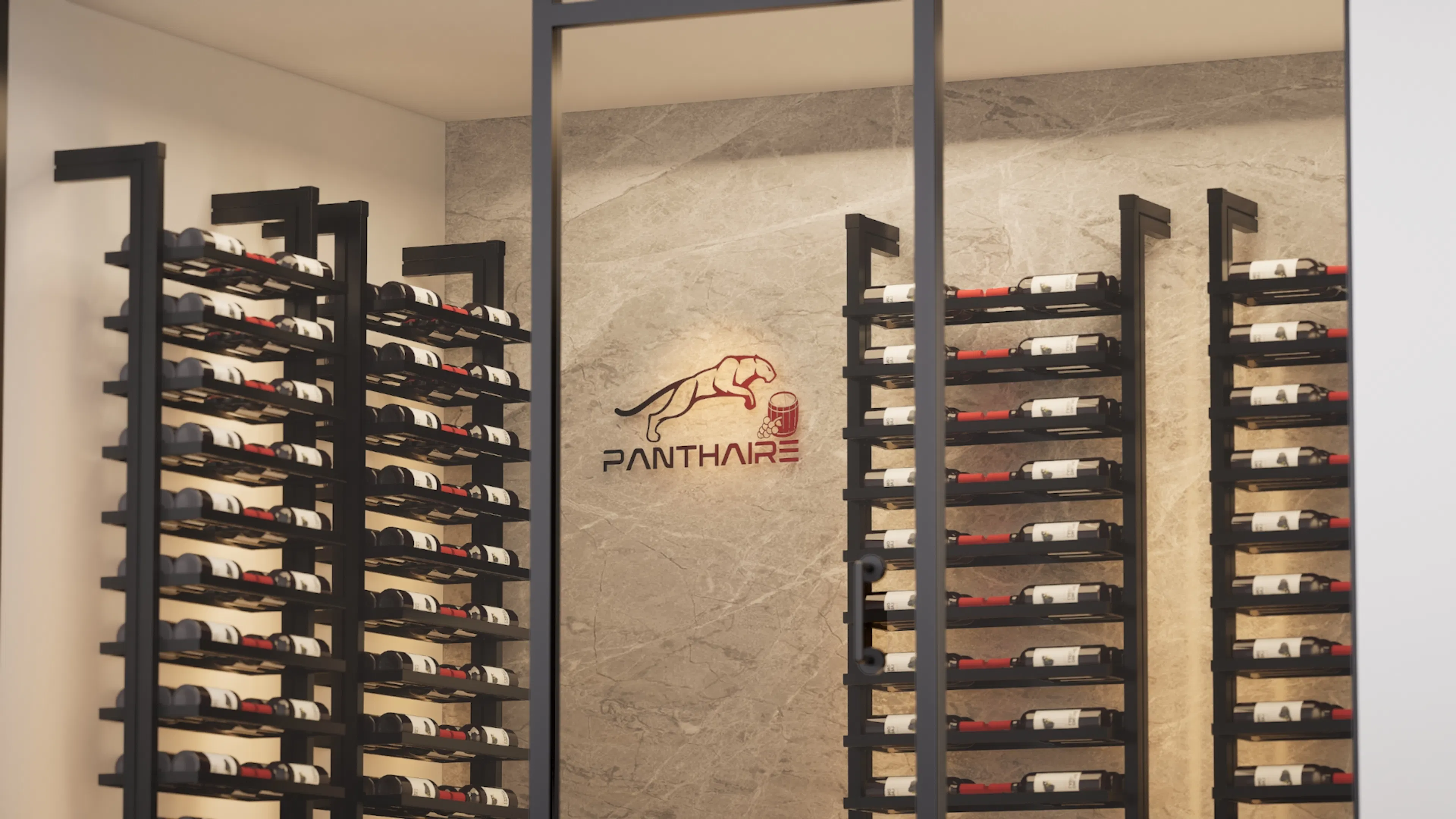 Cave à vin moderne avec casiers muraux noirs et bouteilles disposées horizontalement, éclairage chaleureux.