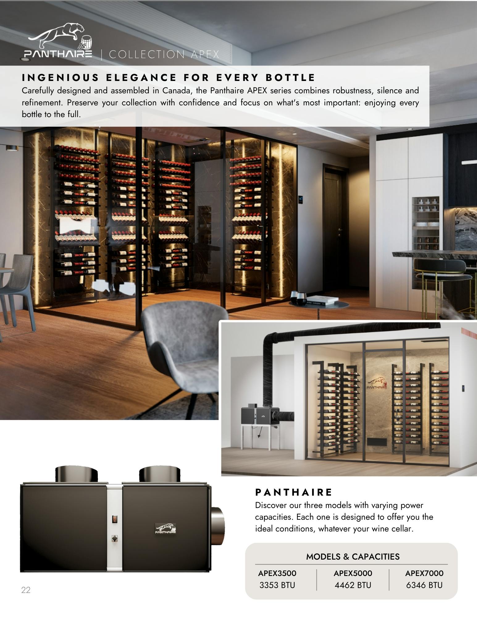 Panthaire APEX wine cellar cooling systems featured on page 22 of Vin et Passion 2025 catalog alongside EuroCave