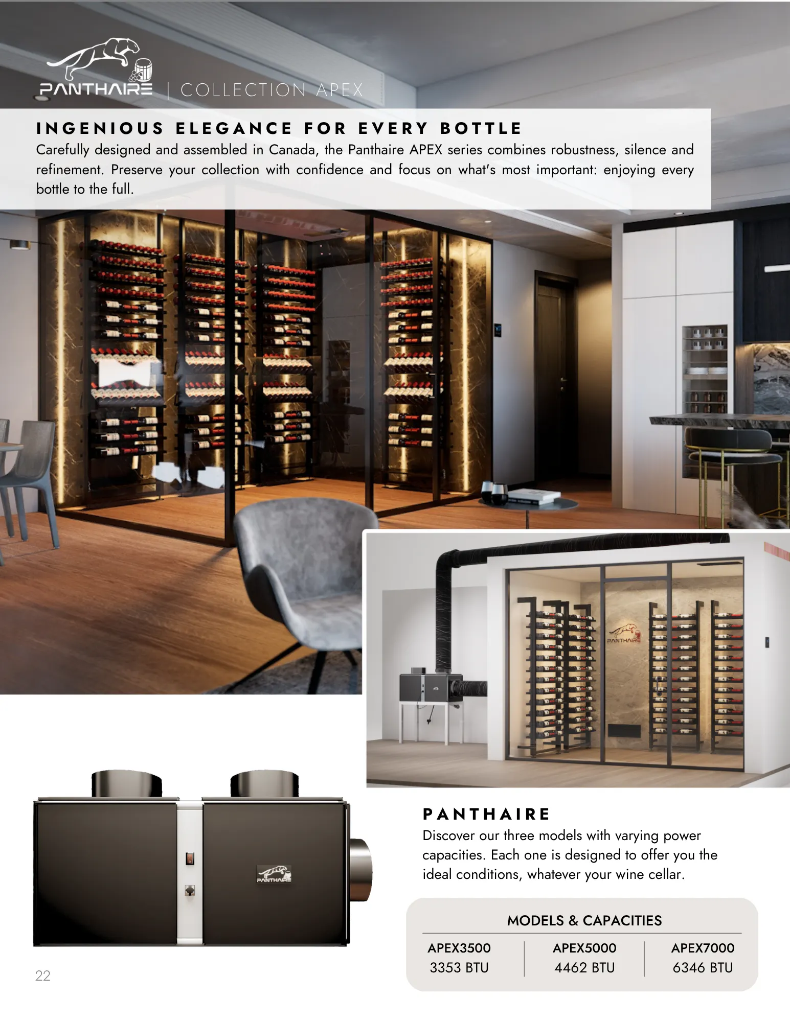 Panthaire APEX wine cellar cooling systems featured on page 22 of Vin et Passion 2025 catalog alongside EuroCave