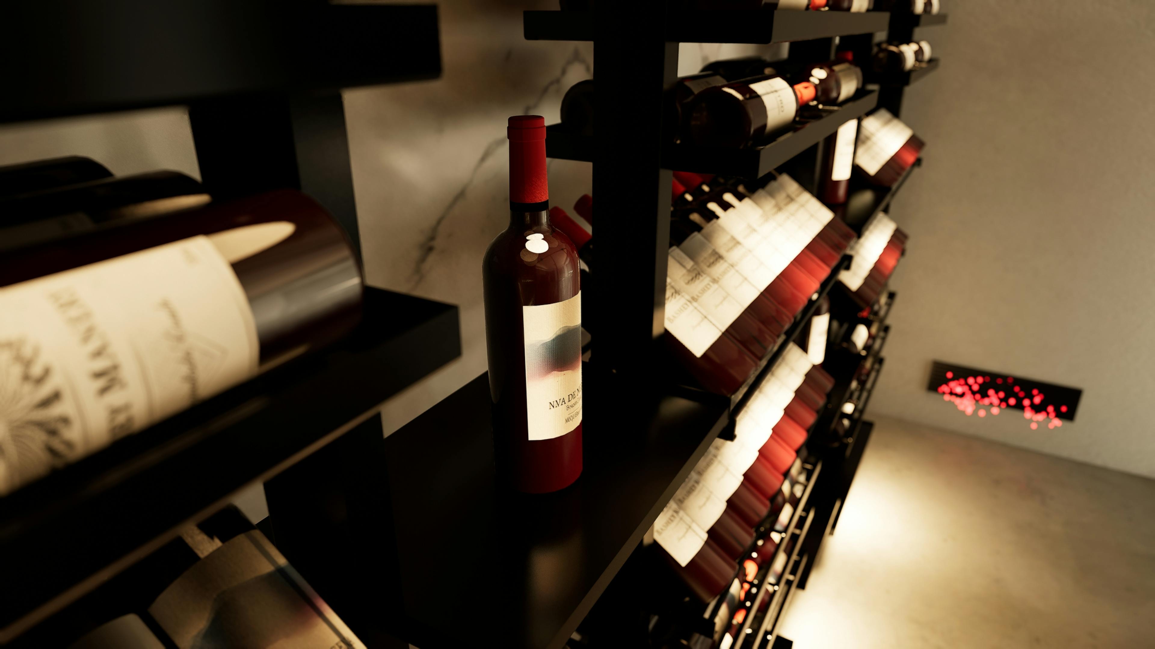 Bottles on rack: Investment-grade wine bottles stored at stable temperature in a professionally cooled cellar.