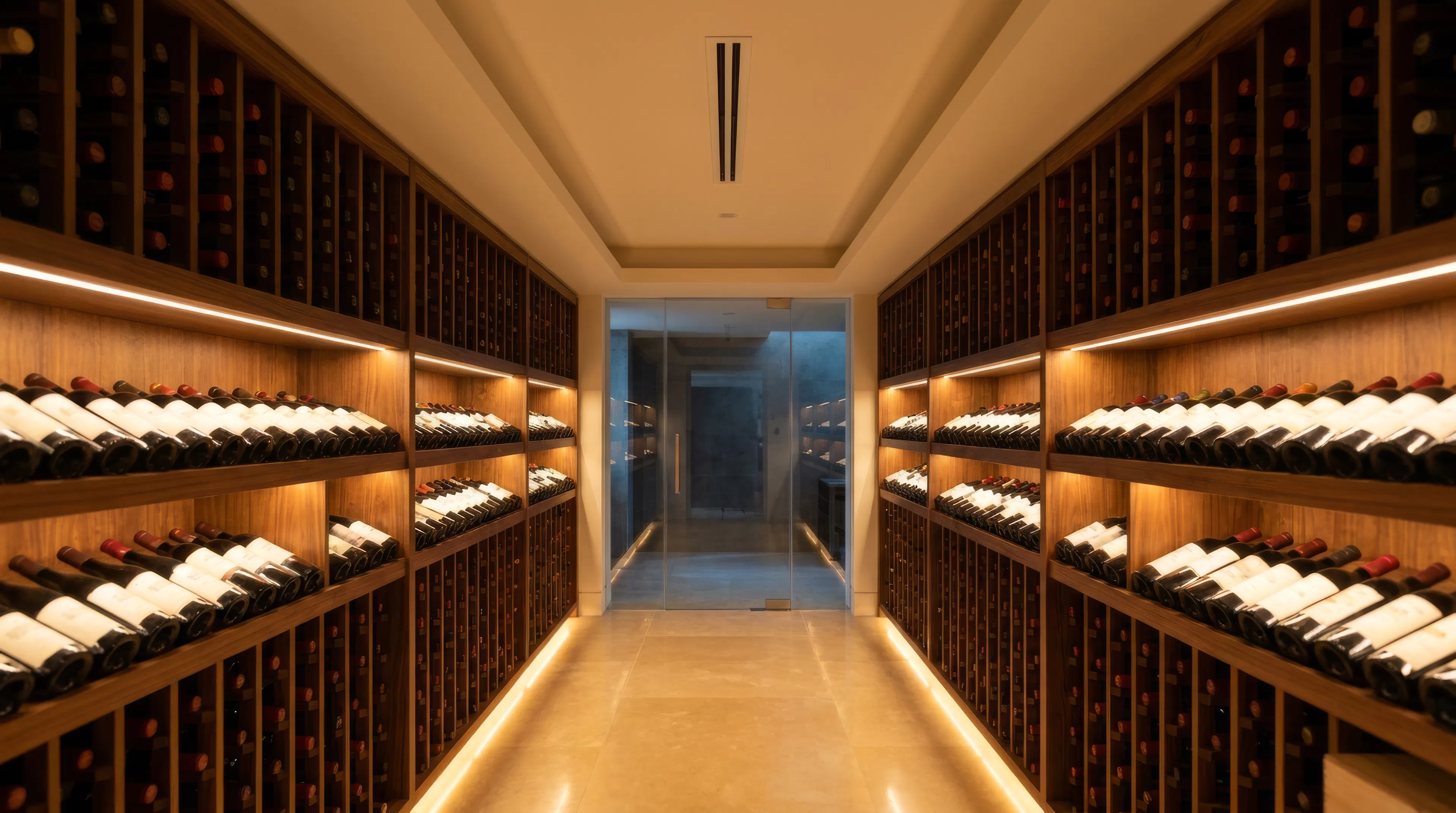 Modern wine cellar with walnut racks and a discreet linear ceiling grille from a ducted cooling system, with warm LED strip lighting and a glass door at the far end.