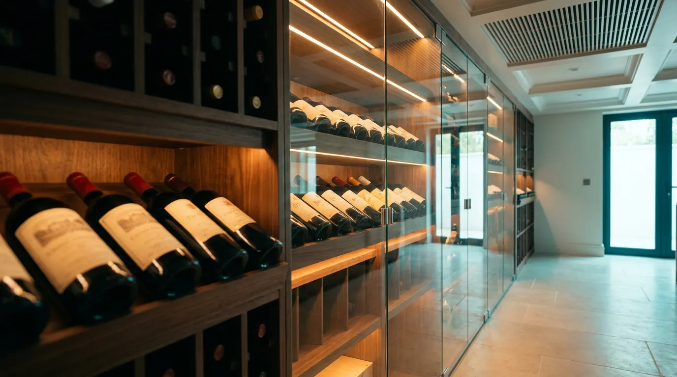 Modern luxury wine cellar with walnut racks of red wine bottles, warm amber under-shelf lighting, and a discreet ceiling grille fed by a ducted wine cellar cooling unit.