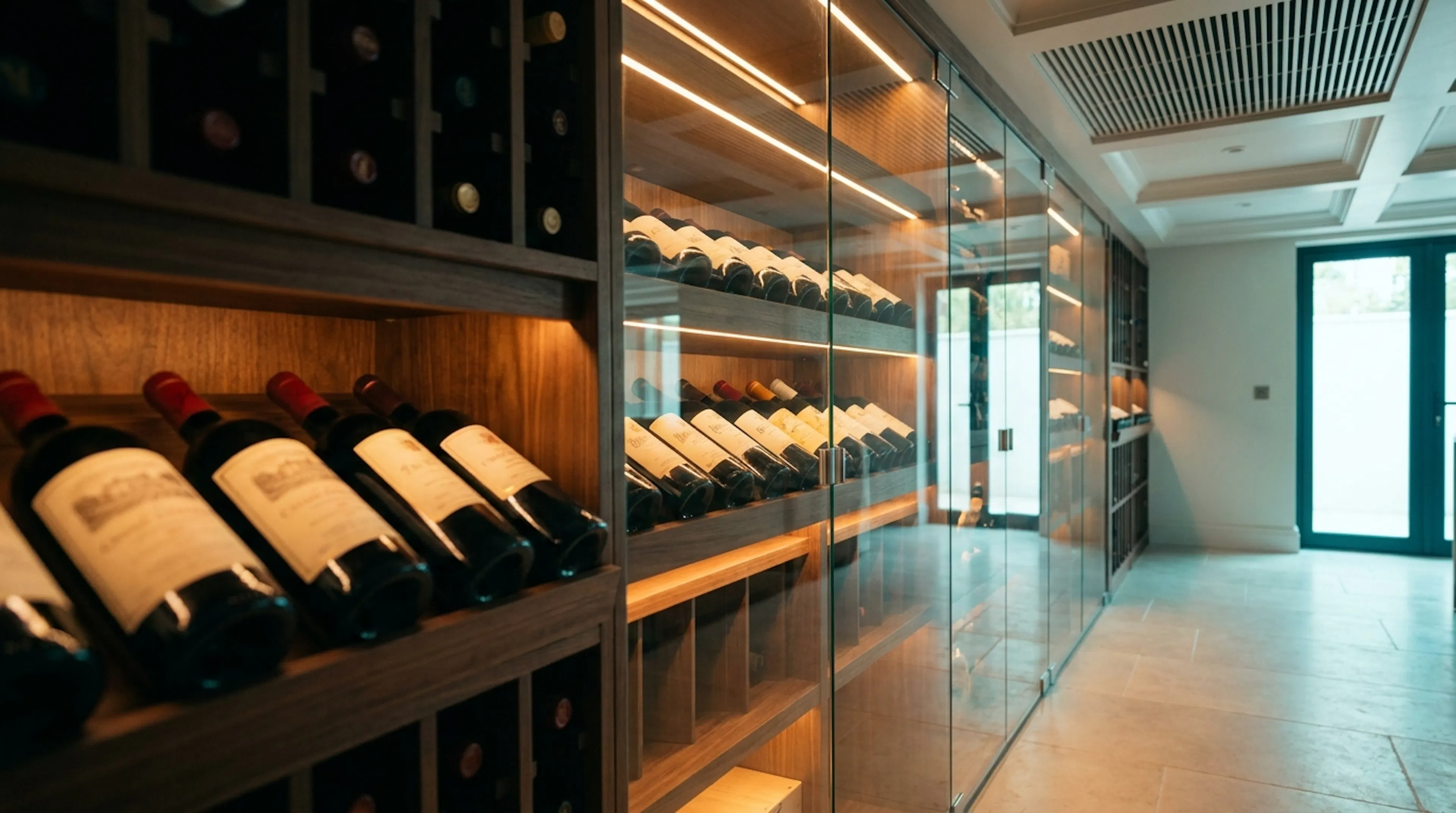 Modern luxury wine cellar with walnut racks of red wine bottles, warm amber under-shelf lighting, and a discreet ceiling grille fed by a ducted wine cellar cooling unit.