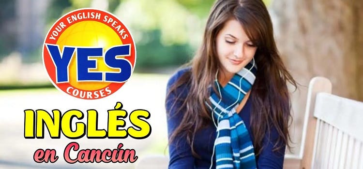 Logo of the English course "Yes Courses" in Cancun | Girl with scarf and headphones sitting on a park bench.
