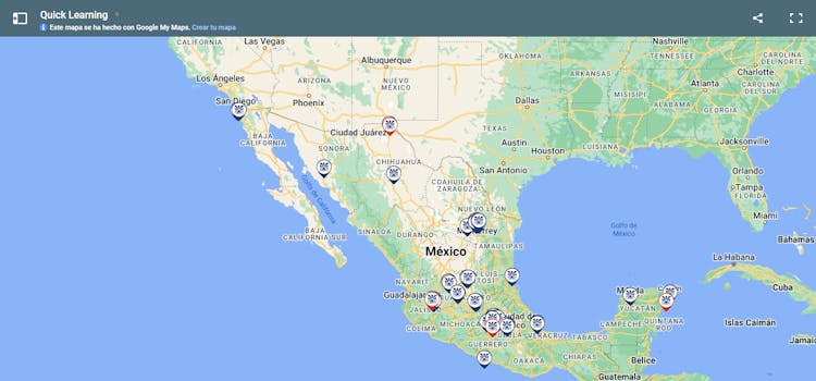 Mapa de México con las indicaciones de las sedes de Quick Learning