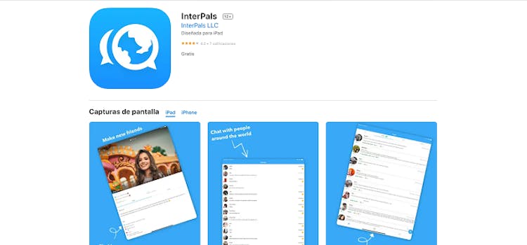 Website showing the interface of the Interpals app for learning English.