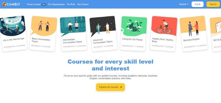 Página web de las alternativas de cursos de Cambly