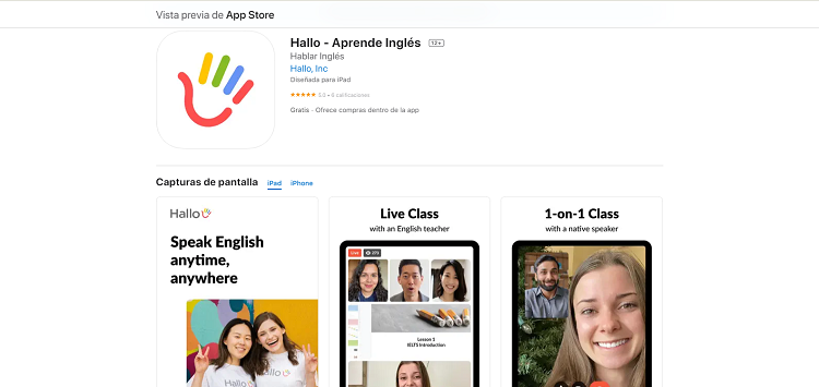 App Store website for the Hallo app - Learn English