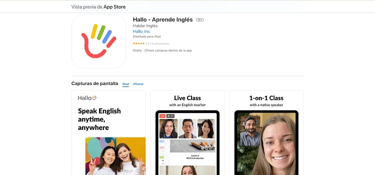 App Store website for the Hallo app - Learn English