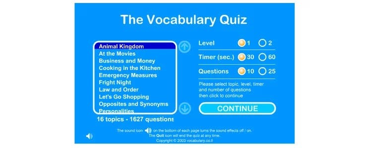 O jogo de quiz de vocabulário para aprender inglês