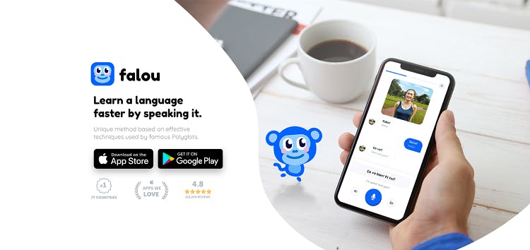 Aplicación para aprender inglés Falou | monito azul y foto de un teléfono movil con un chat.