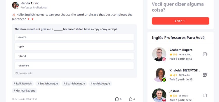  Italki oferece é a sua aba Comunidade
