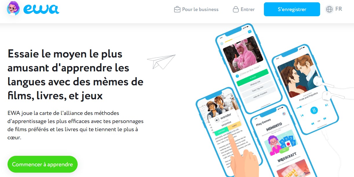 Interface de l'application Ewa pour apprendre l'anglais.