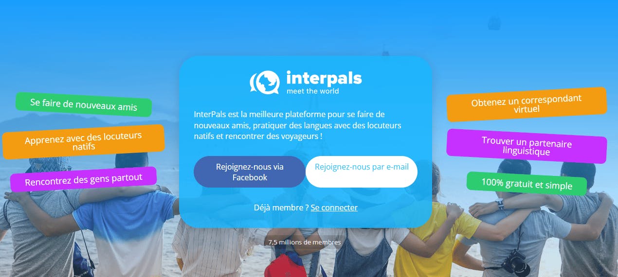 Site web qui montre l'interface de l'application InterPals pour apprendre l'anglais.