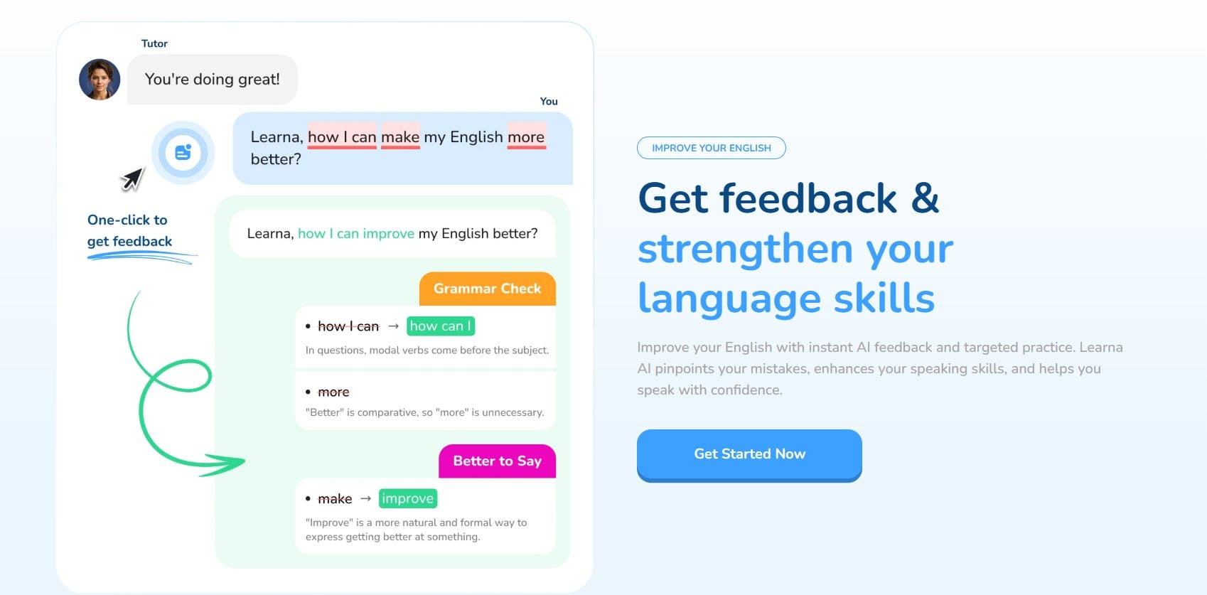 Learna app screen with a virtual chat