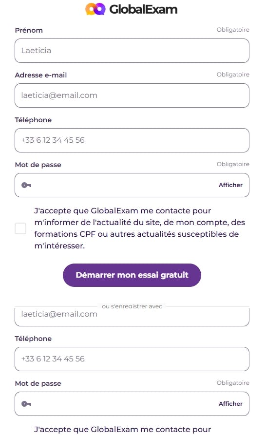 Formulaire d’inscription GlobalExam