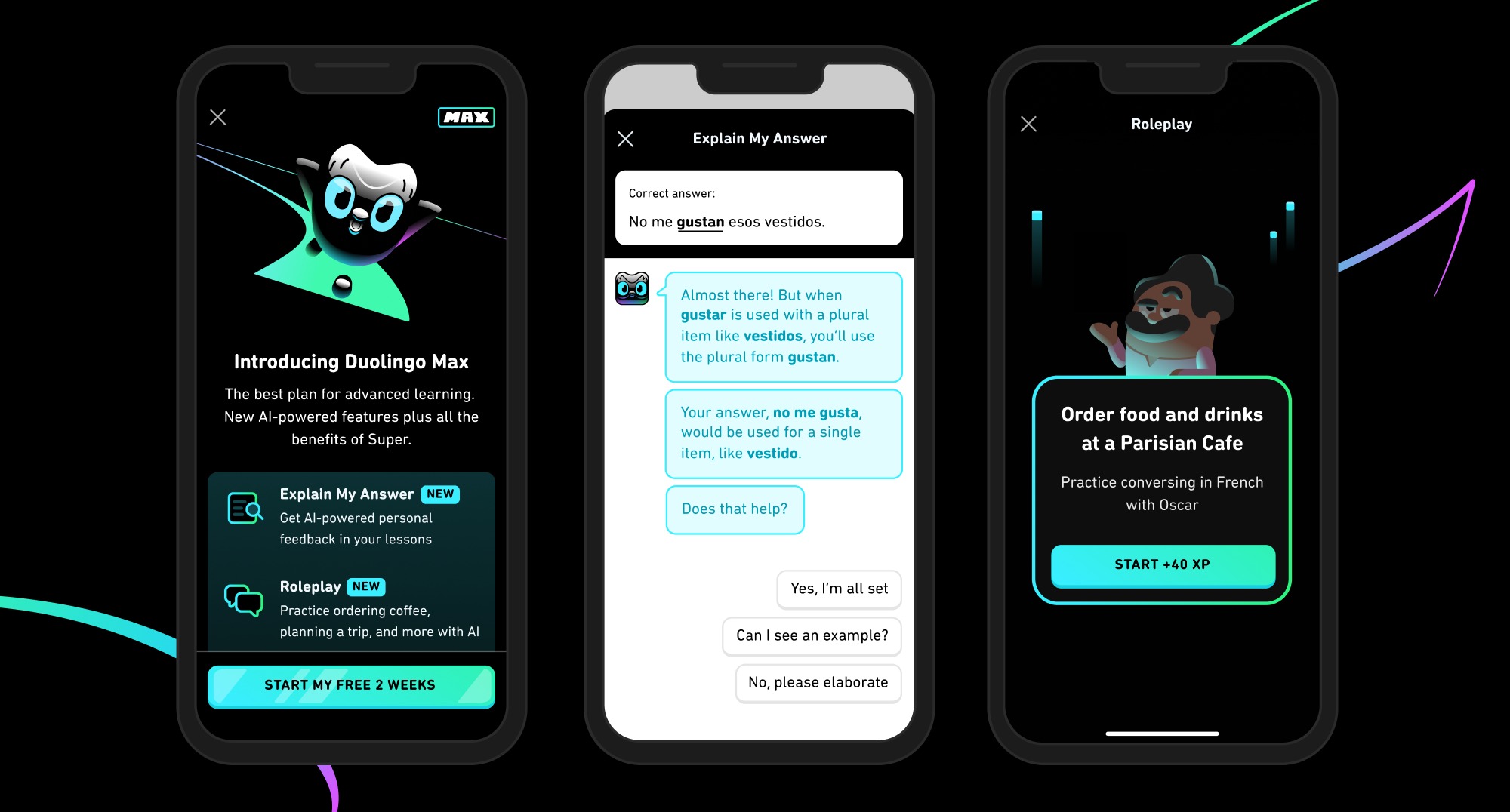 interfaz de duolingo max en celular