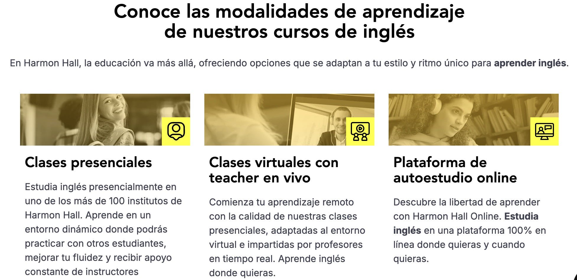 página web de harmon hall con una descripción de lo que hacen.
