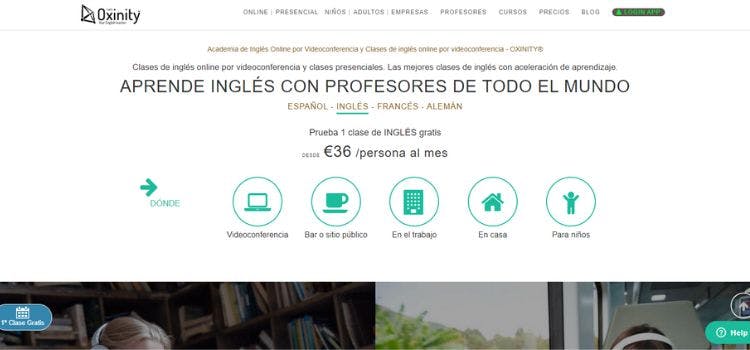 Página web con las opciones de clases de Oxinity