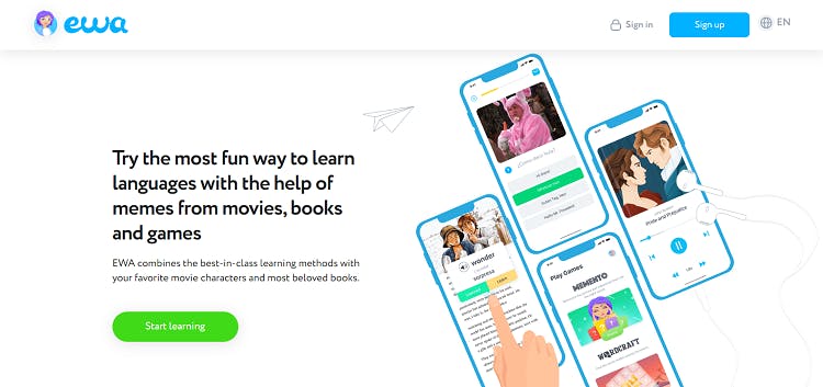 Ewa app interface for learning English.