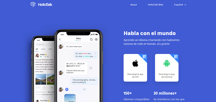 HelloTalk app website with images of a mobile phone showing its interface.