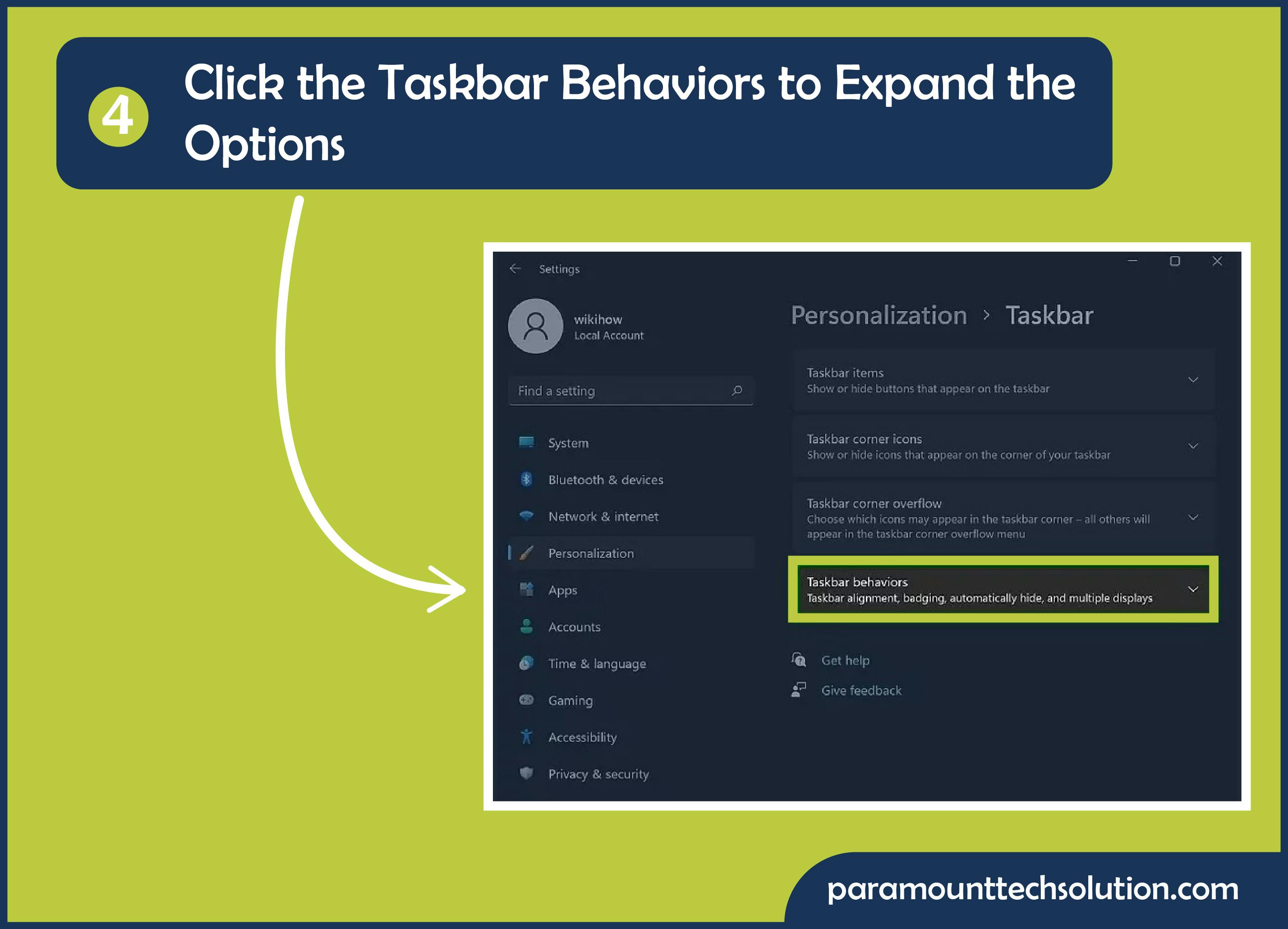 Click the Taskbar behaviors to expand the option