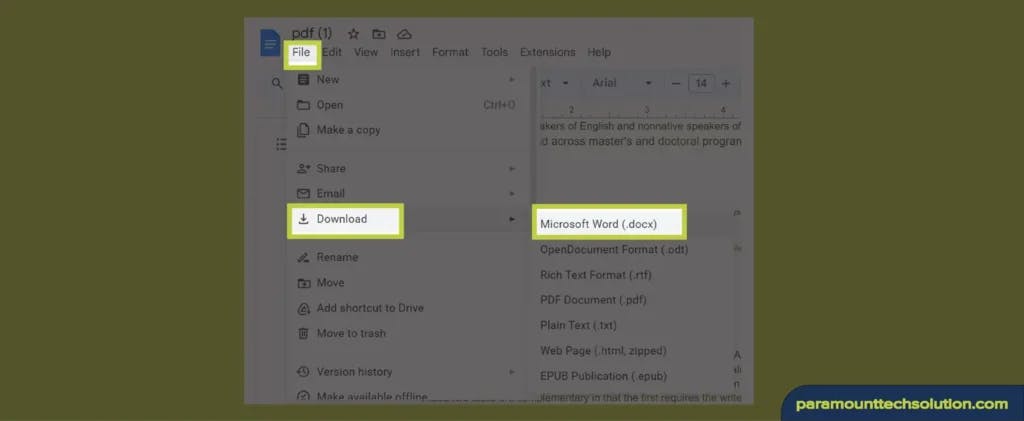 Click on file and than download save as Microsoft word with extension .doc or docx