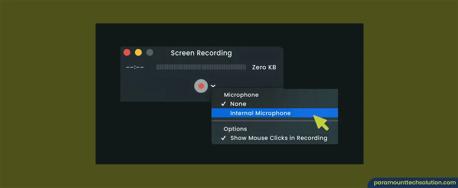 QuickTime screen recording setup with audio input selection on Mac