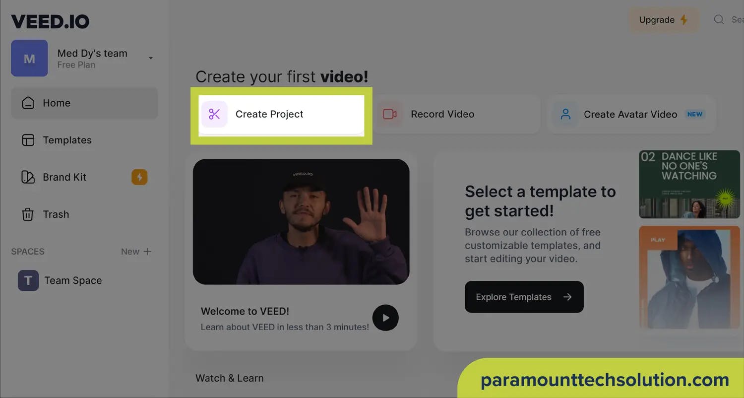 By clicking on the create project and then on upload video the dashboard will direct you on pc folder