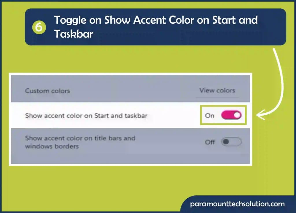 Toggle on Show accent color on Start and taskbar