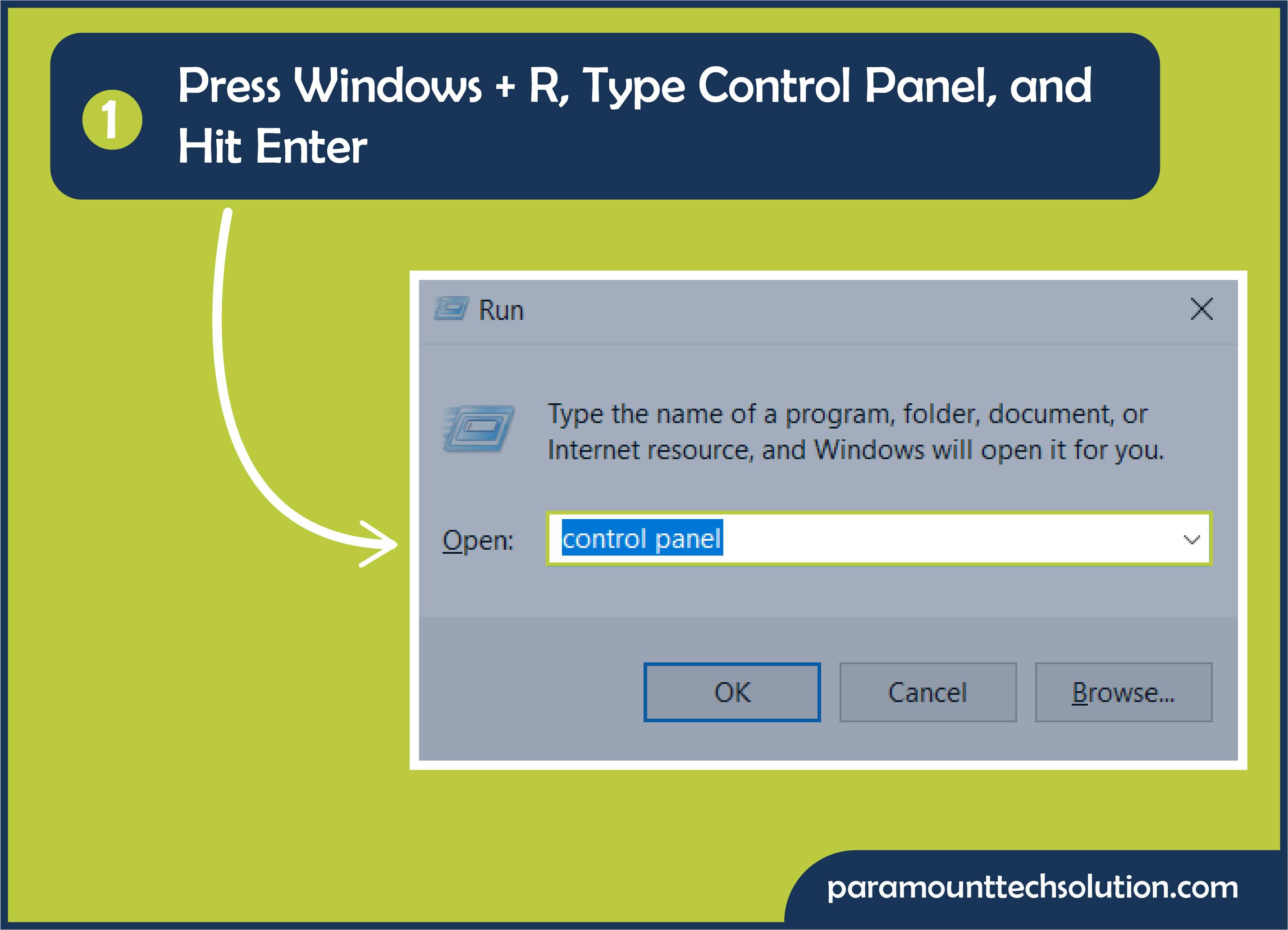 Press Windows + R, type Control Panel