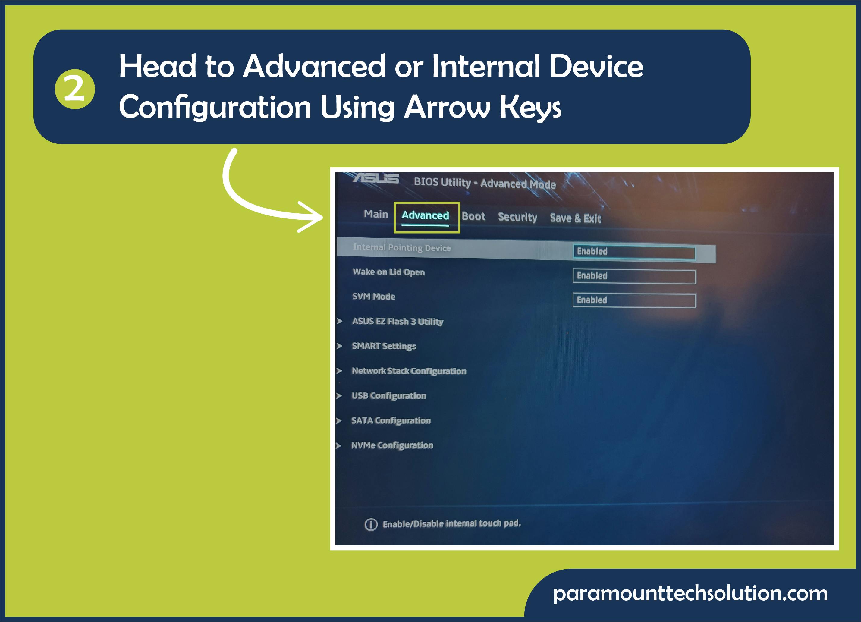 Head to Advanced or Internal Device Configuration using arrow keys