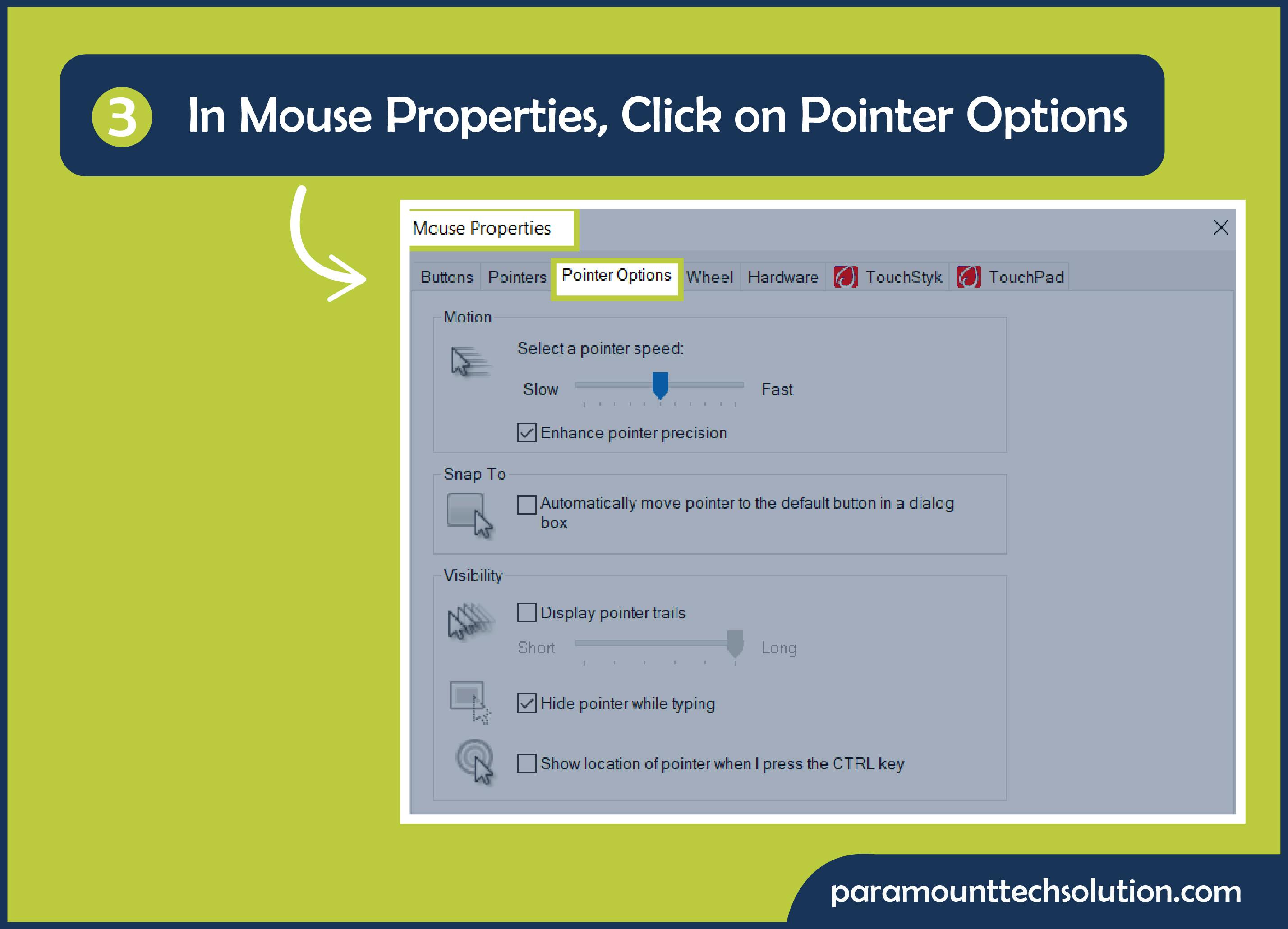 Mouse Properties, click on Pointer Options
