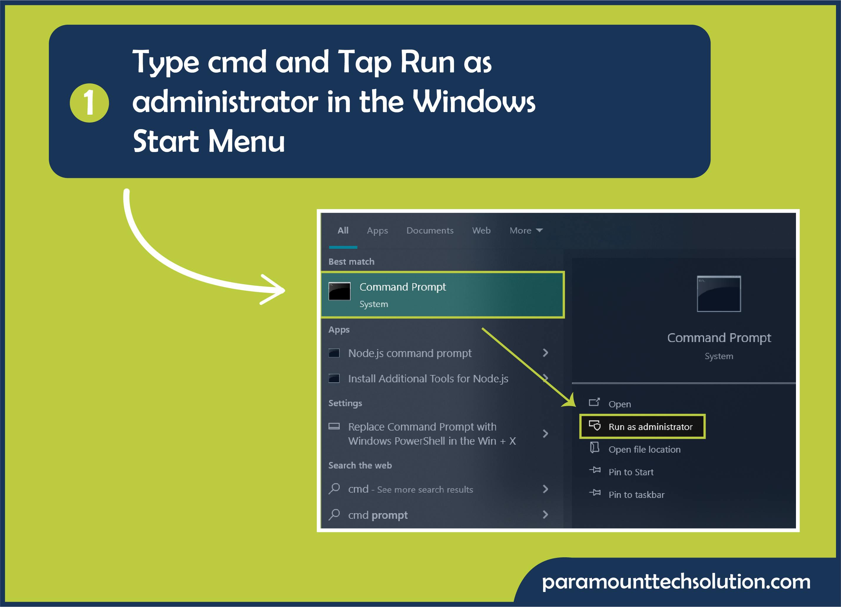 Type cmd and tap Run as administrator