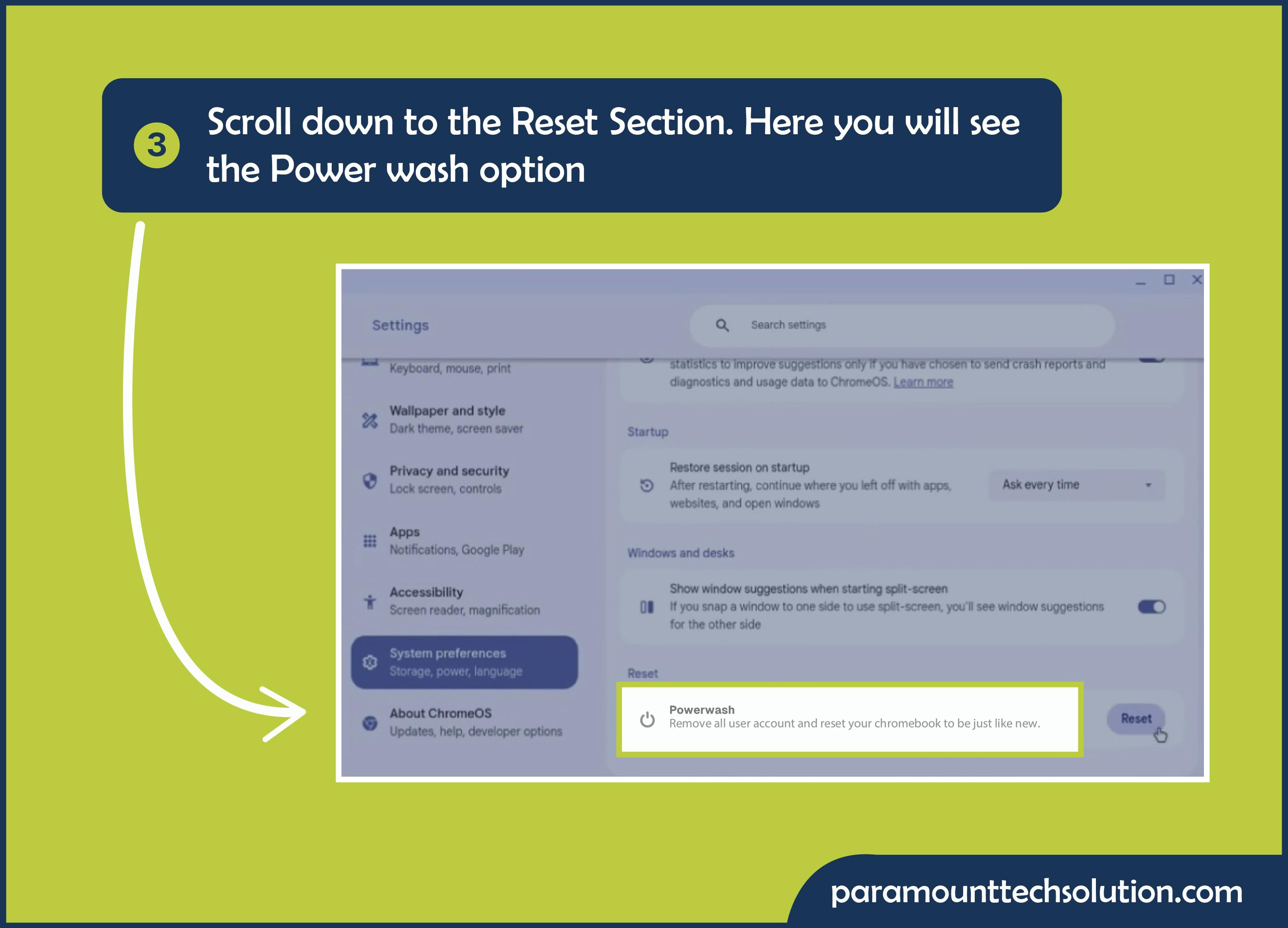 Scroll to the reset section for power wash option