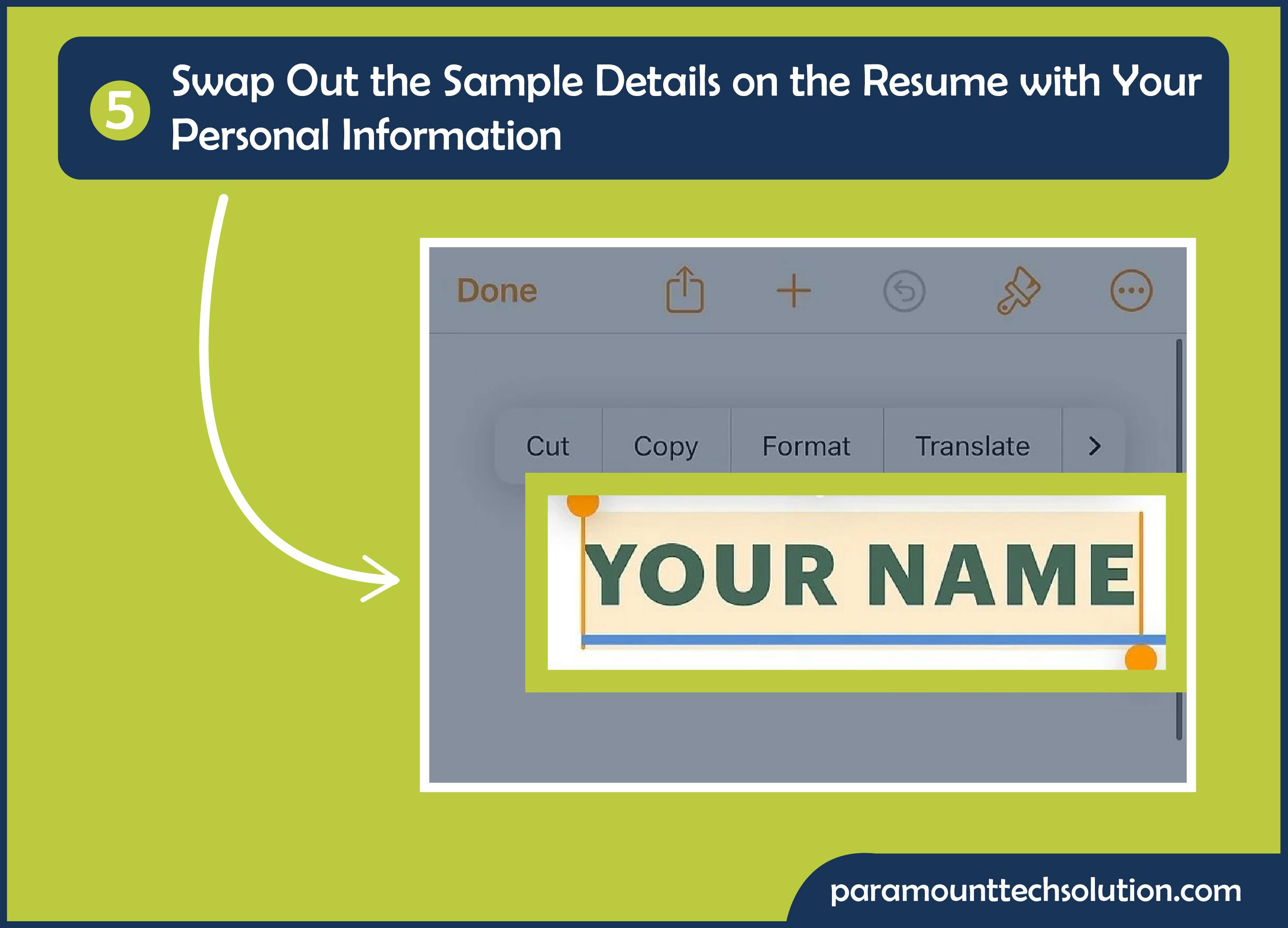 Swap out the sample details on the resume