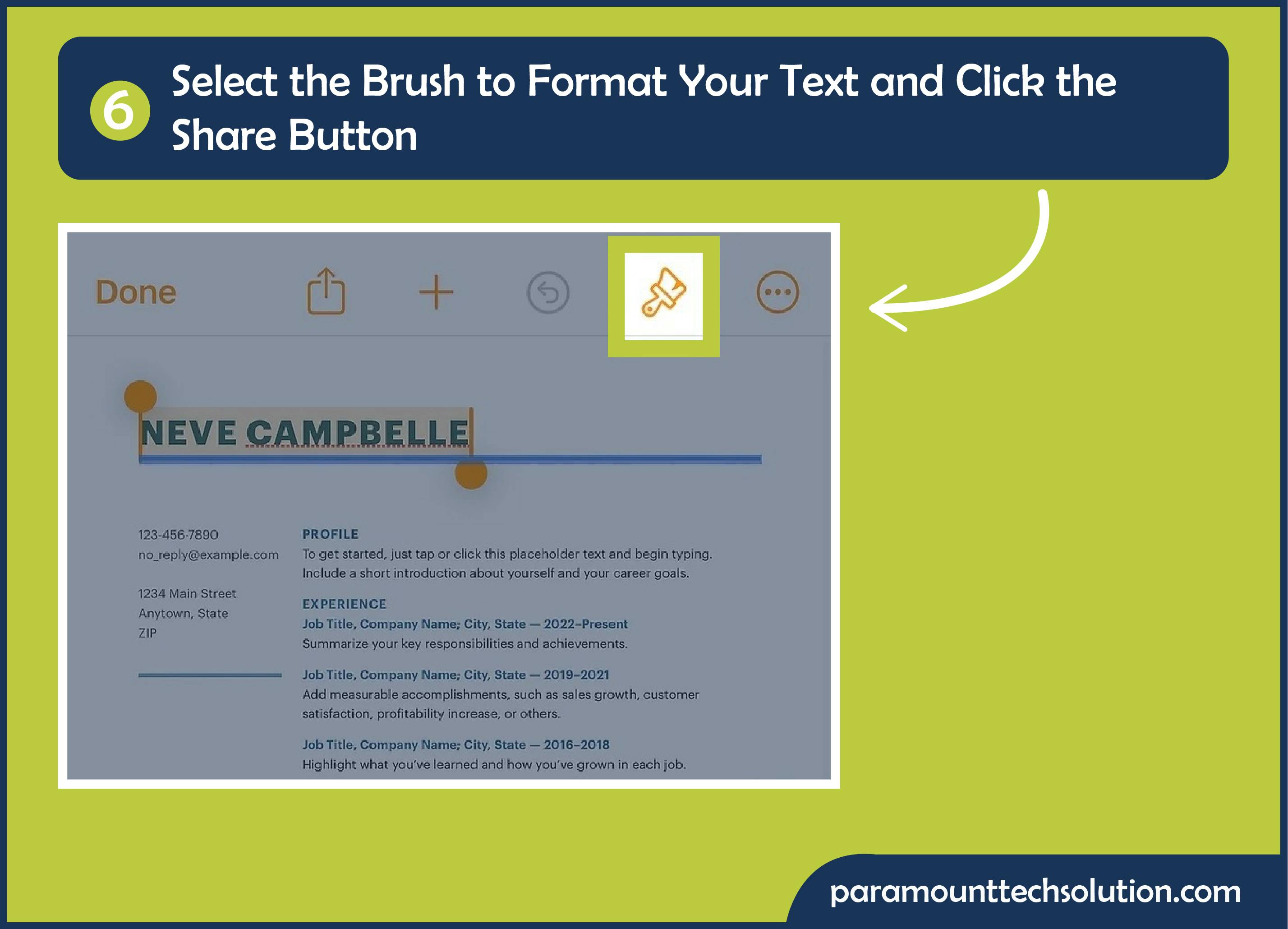 Select the brush to format your text and click the Share button