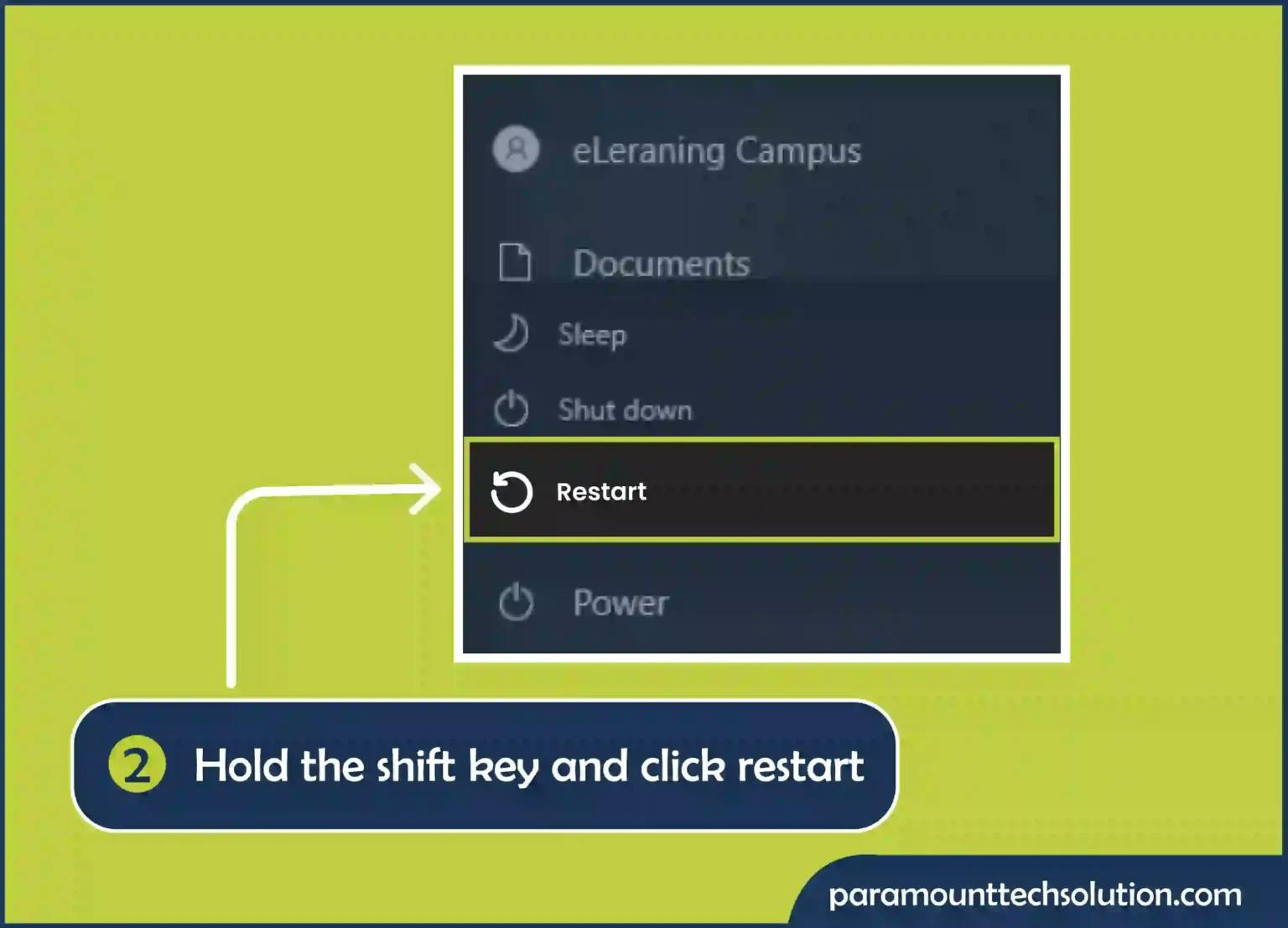 Hold the shift key and click restart