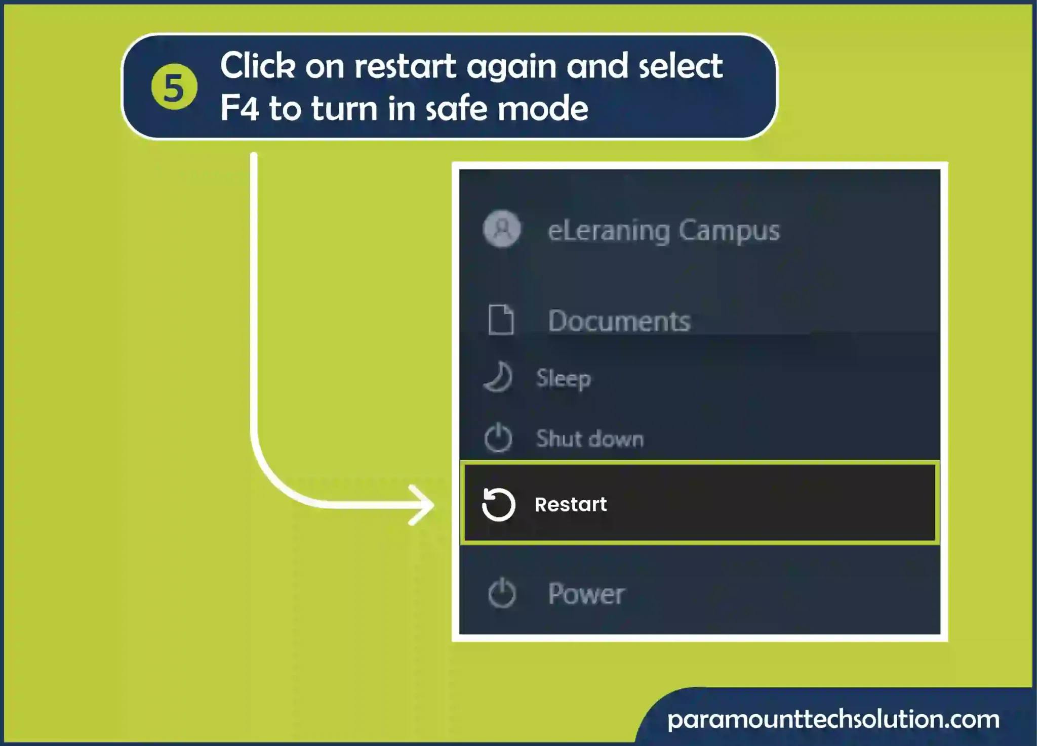 Click on restart again and select F4 to turn in safe mode.


