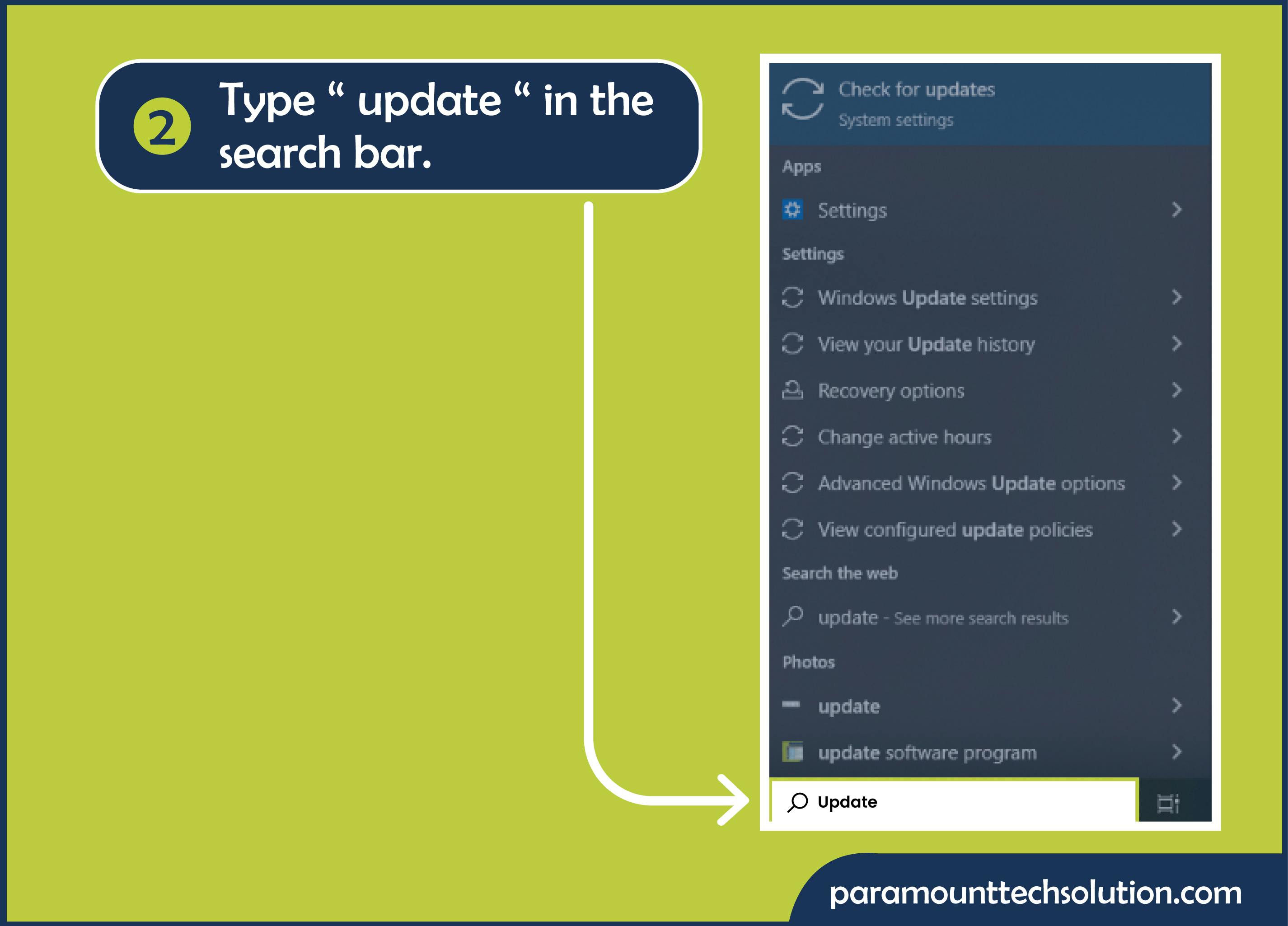 "Step 2: Type “ update “ in the search bar."