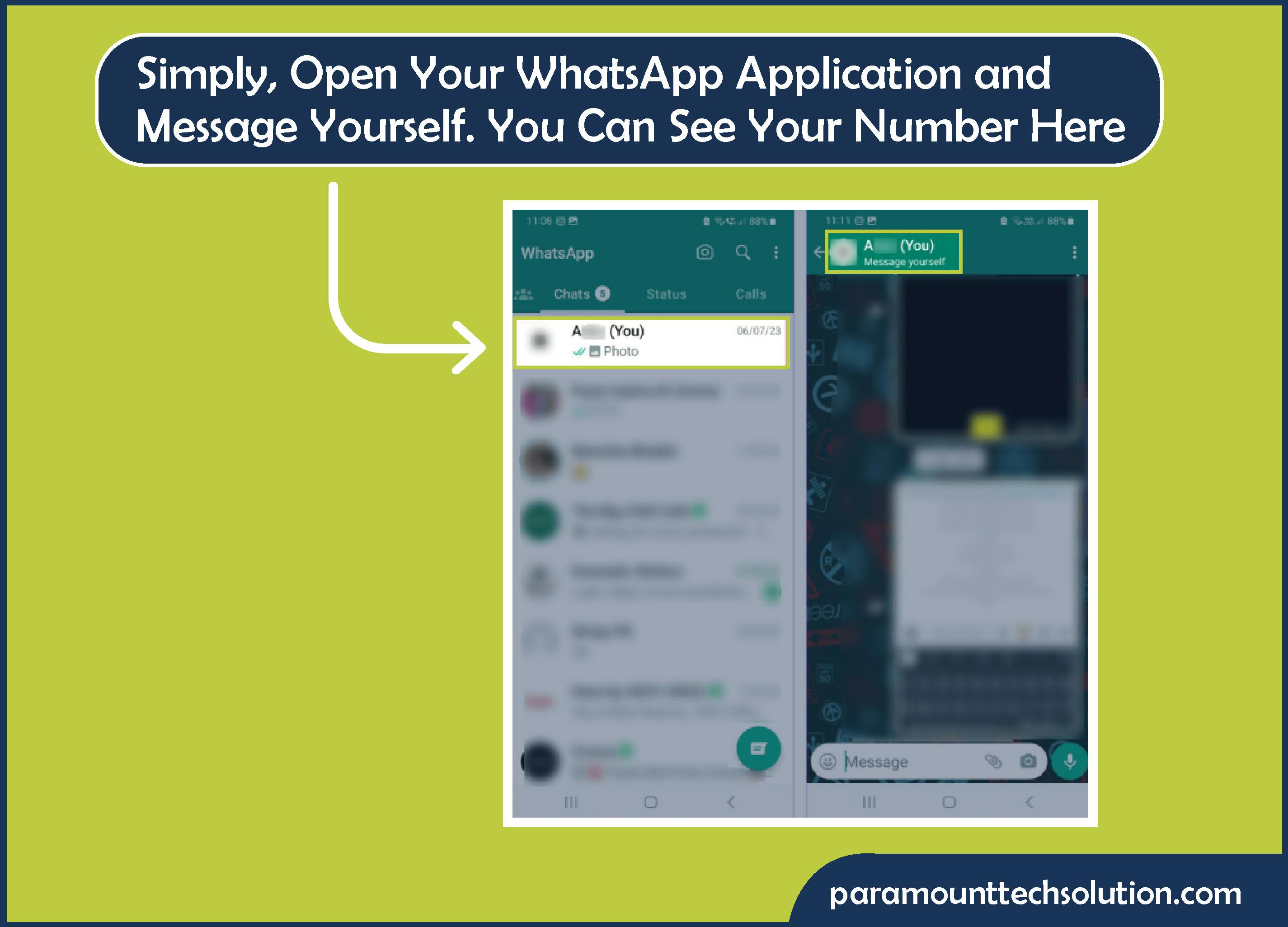 alt="whats the phone number. Open your WhatsApp application and message yourself. You can see your number here"