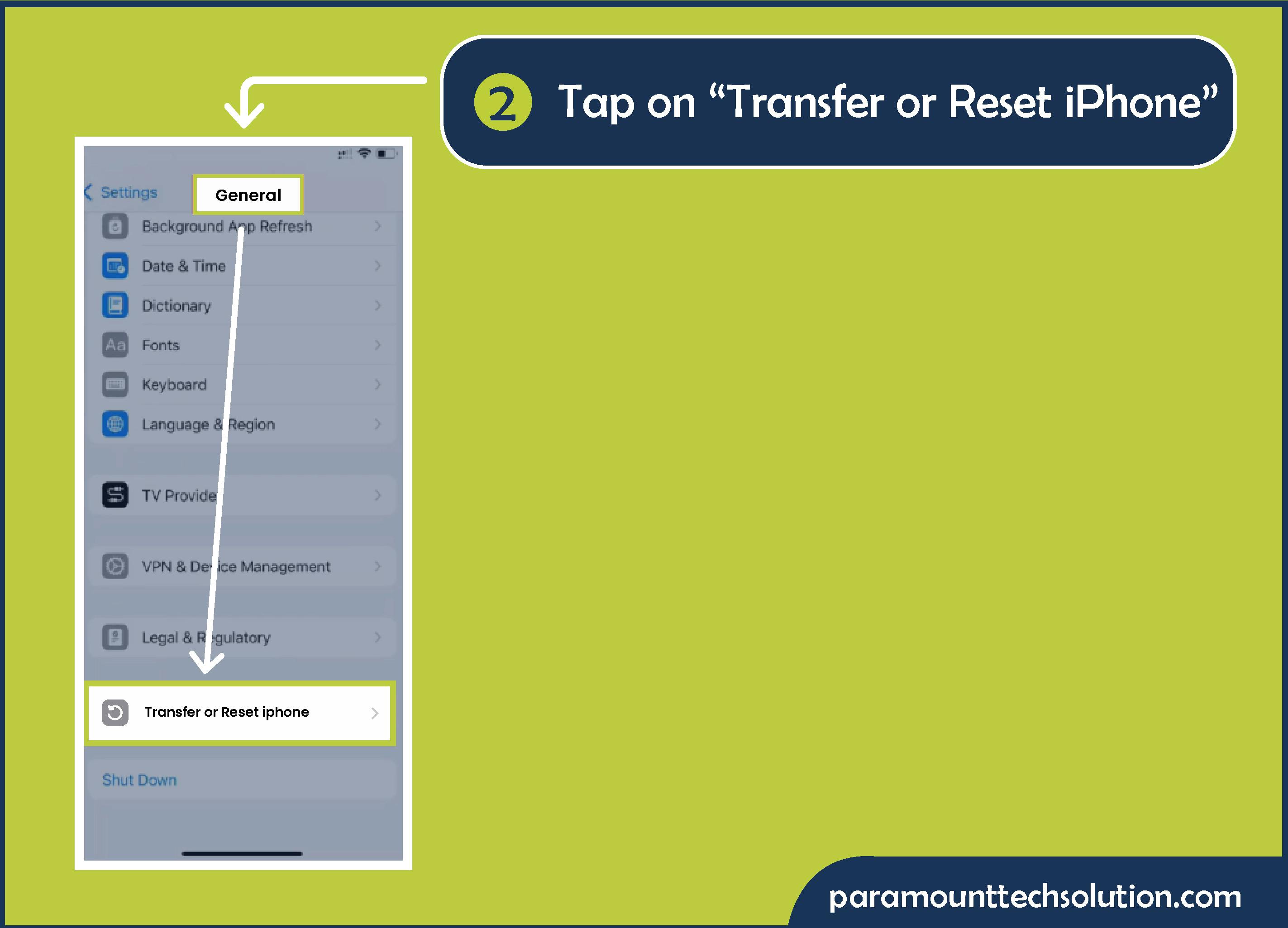 Step 2: Tap on “Transfer or Reset iPhone”