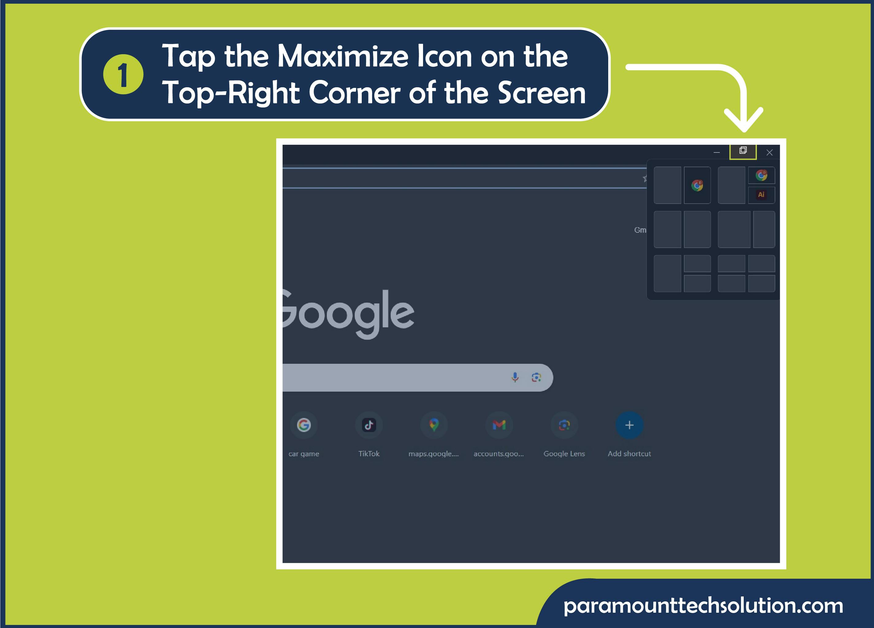 Using Snap Layouts to Split Screen Windows 11 adn tap the Maximize icon on the top-right corner see different layout splitter screen options in the pop-up menu