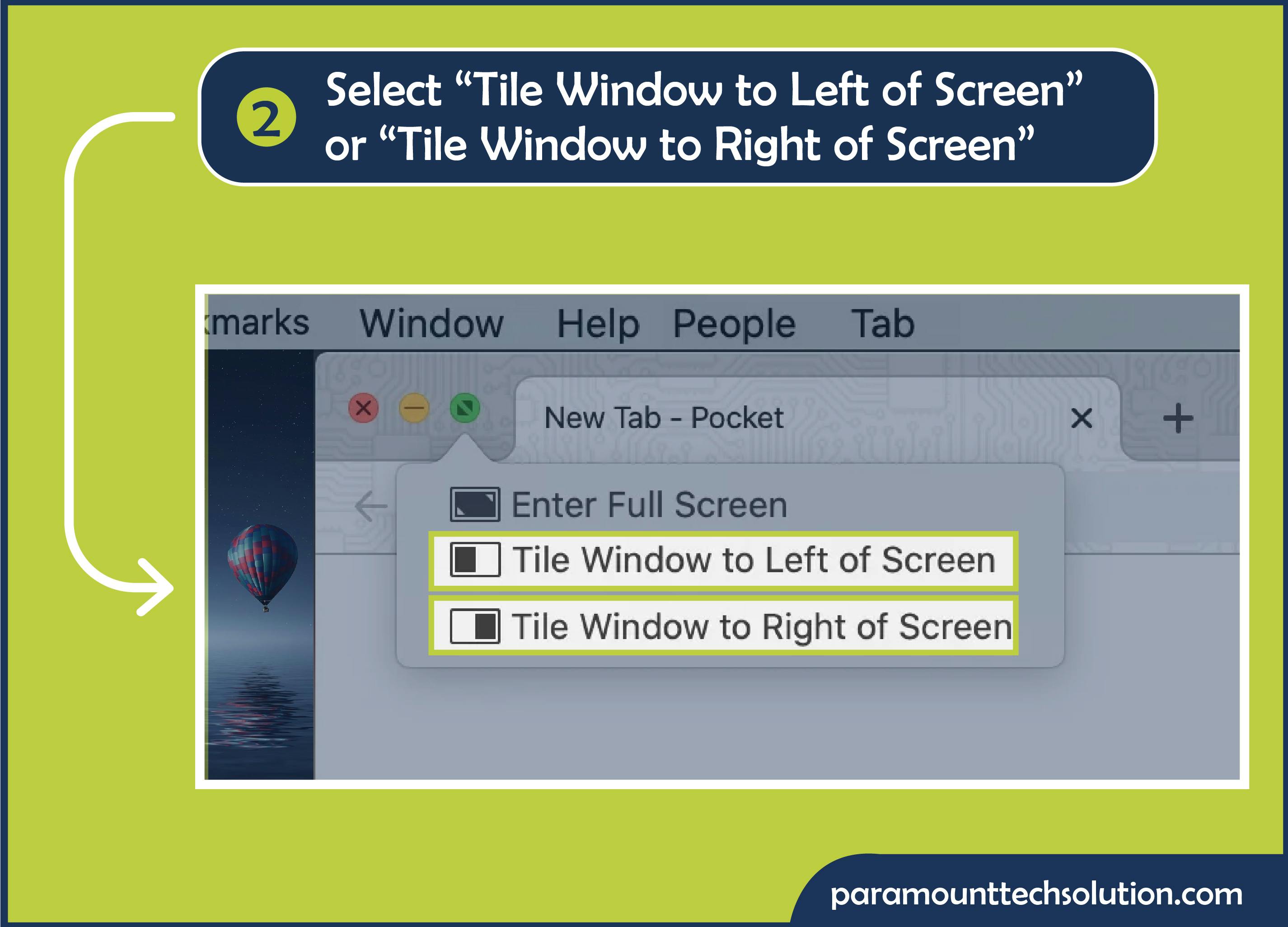 Select “Tile Window to Left of Screen” or “Tile Window to Right of Screen” for “mac split display.”