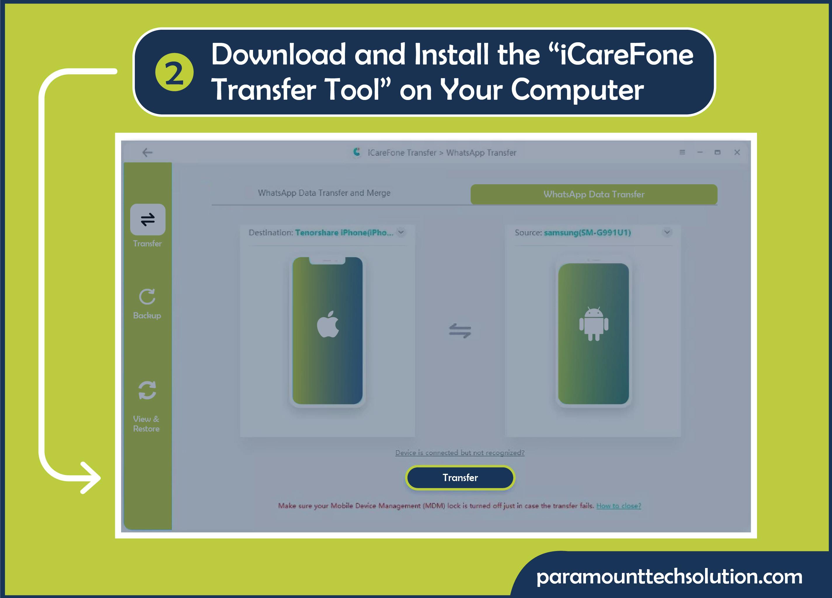 Download and install the “iCareFone Transfer tool” on your computer for this iCloud WhatsApp feature